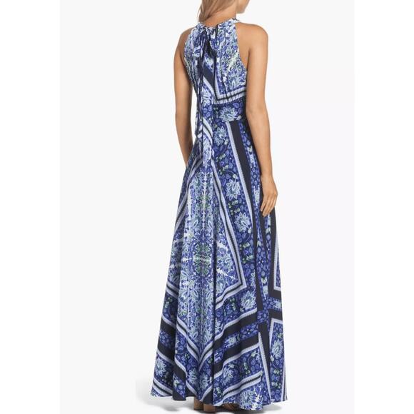 NWT ELIZA J SCARF PRINT MAXI DRESS GOWN HALTER FLORAL BLUE GREEN SZ 6 - Picture 4 of 16